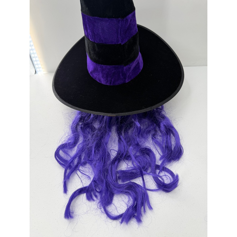 Aero Express Witch Hat with Purple Hair Attached Black Purple Striped Costume OS - Picture 6 of 10